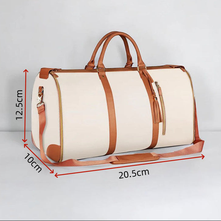 Beige travel bag with brown handles and trim, shown with measurements on a light gray background.